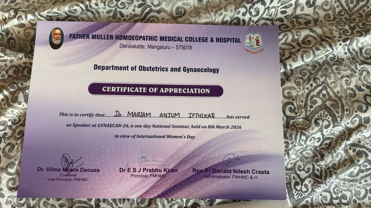 Certificate of Appreciation — Father Muller Homoeopathic Medical College, GYNAECON-26, International Women's Day